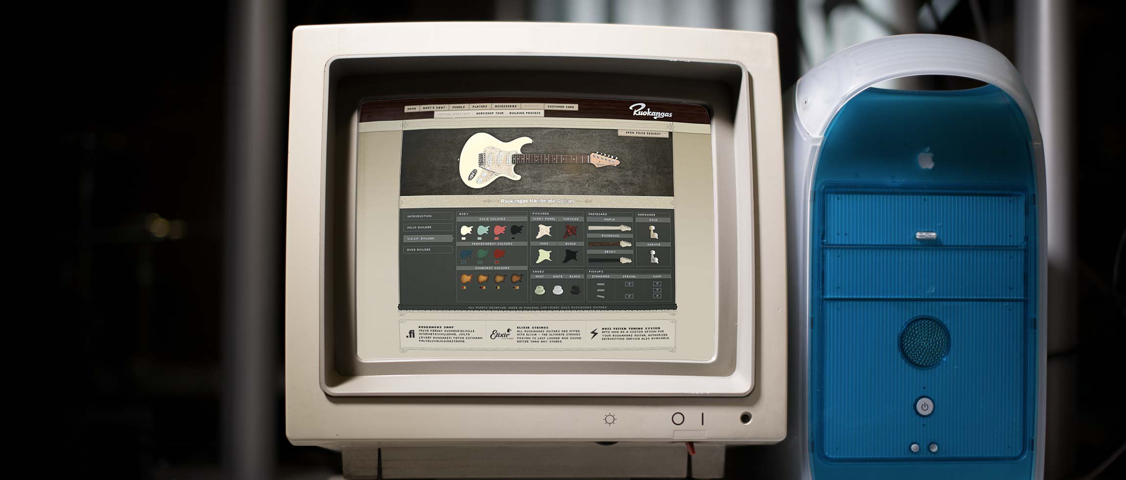 Ruokangas Guitars 3 The first Guitar Builder on a CRT monitor next to a blue Power Mac G3