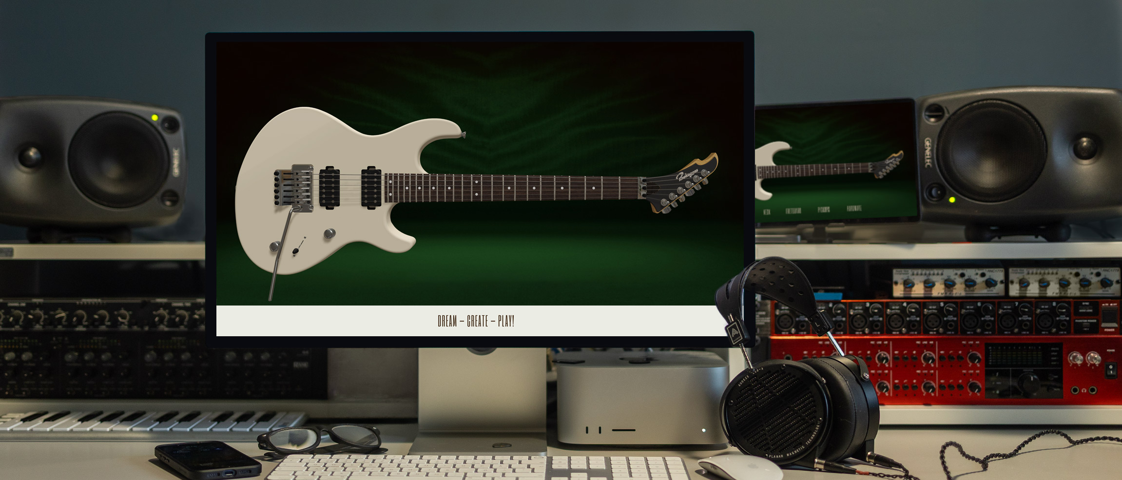 Ruokangas Guitars 7 Guitar Creator showing a 3D guitar on a studio monitor