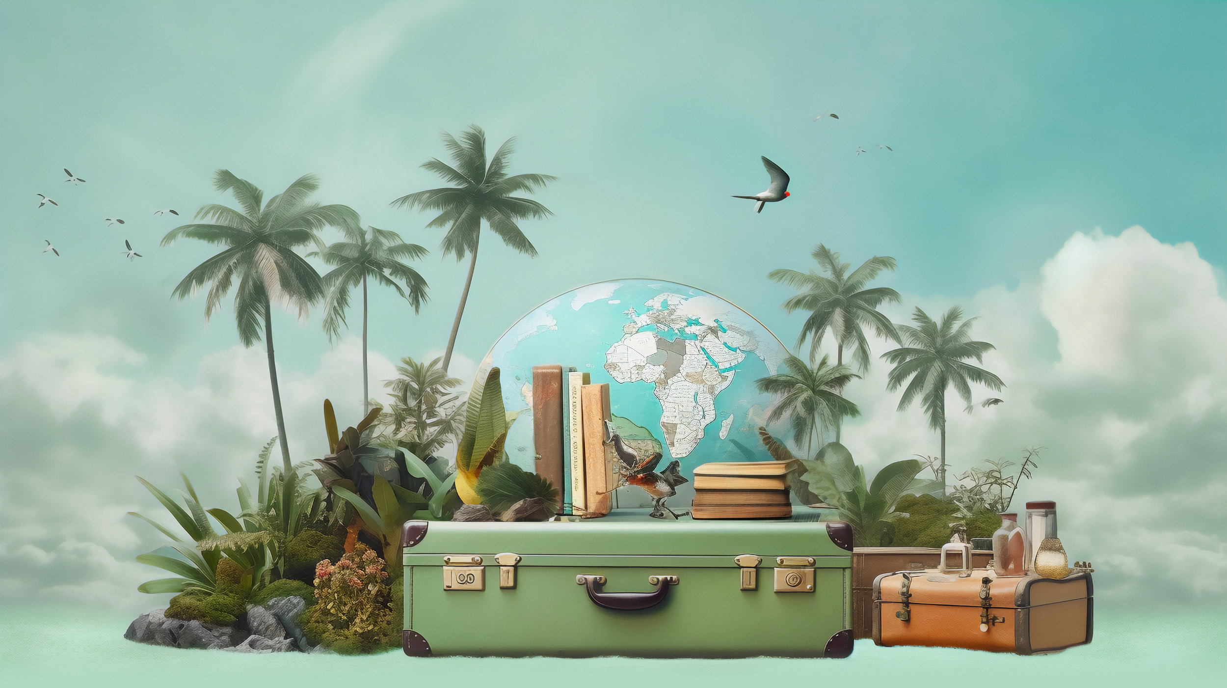 Travel objects and a globe arranged around vintage suitcases