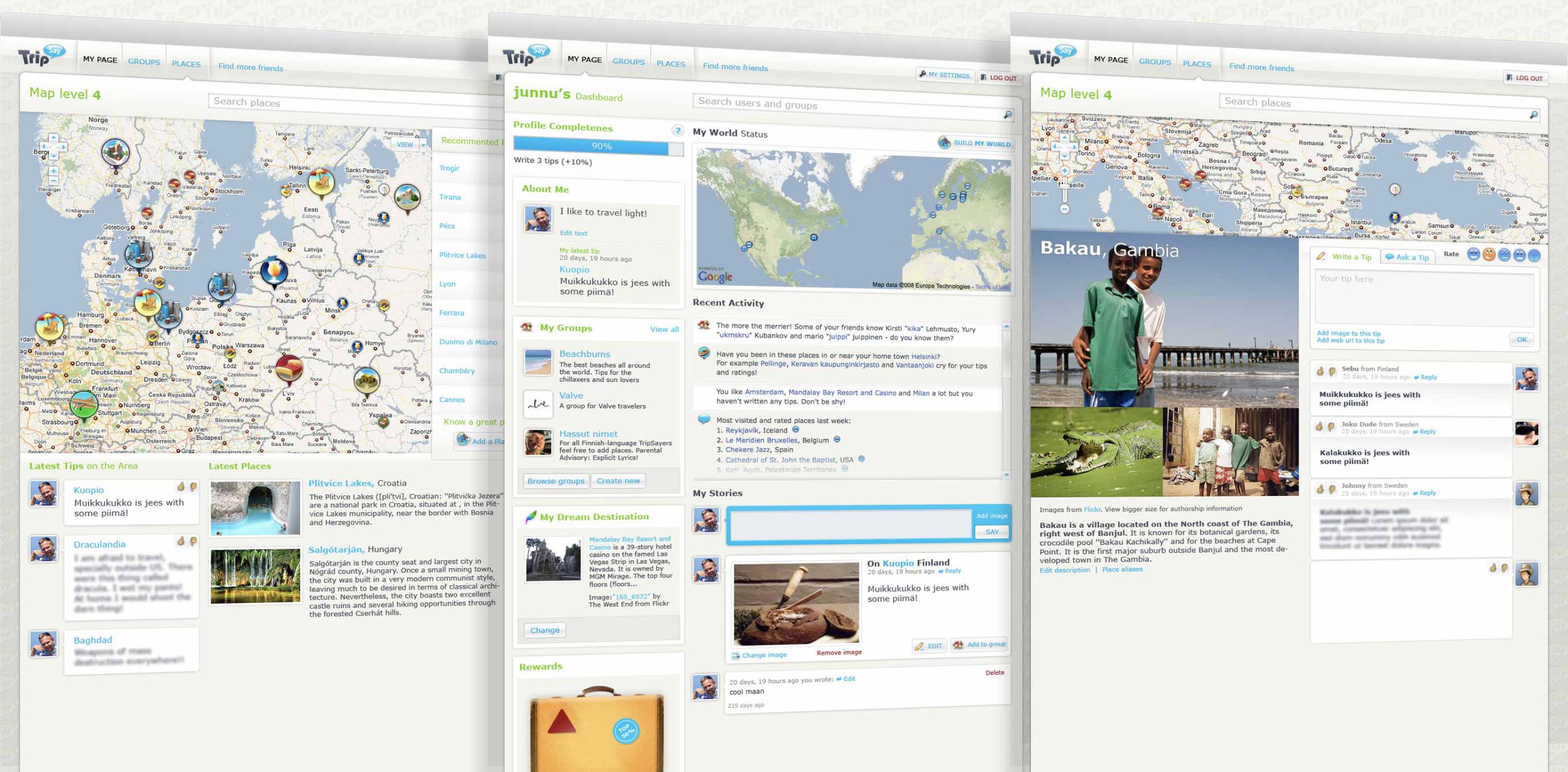 TripSay travel service interface screens